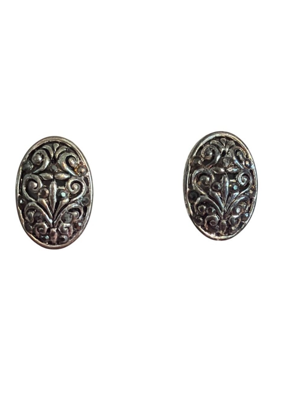 Vintage Silver Tone Oval Ornate Filigree Earrings Black Rhinestones Estate 1"